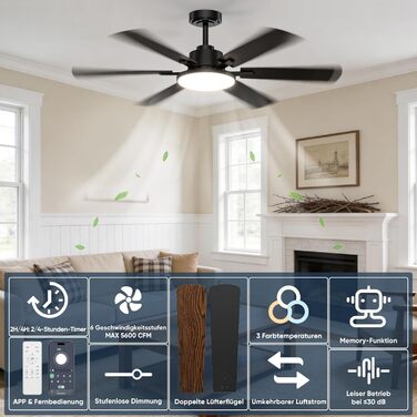 Стеляний вентилятор з підсвіткою 132см, 6 лопатей, з пультом керування, тихий DC-двигун, 6 швидкостей, 3CCT, регульоване LED-підсвітлення, двосторонні лопаті для спальні/вітальні