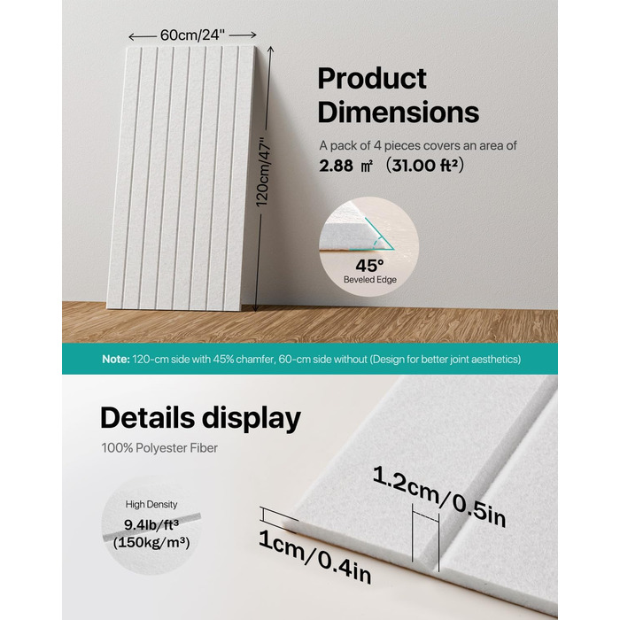 Акустичні панелі Soundsbay самоклеючі для звукоізоляції та декору стін, 120×60×0.9 см, білі (4 шт, 2.16 м²)