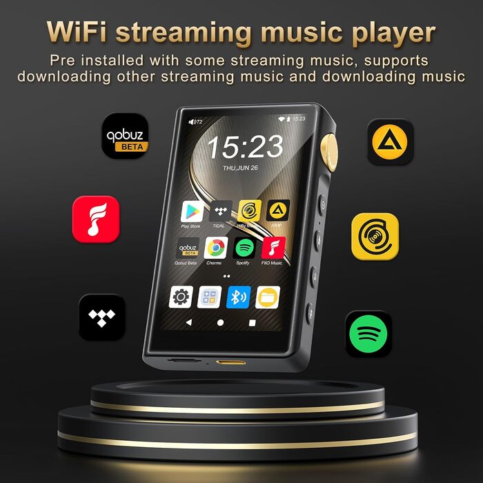 HiFi MP3 плеєр ZAQE з Bluetooth та WiFi, Android 12, Lossless DSD DAC, підтримка Flac, 64GB карта пам'яті (до 512GB), чорний