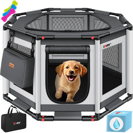 LOVPET® Indoor/Outdoor Dog Playpen - Puppy Pen, Dog Cage with Oxford Fabric, Small Animal Enclosure, Cat Run - Includes Toys & Pads, 72x72x43cm, Anthracite Gray
