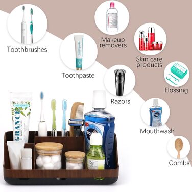 Тримач для зубних щіток у ванну кімнату: органайзер для електричних щіток та пасти, 7 відділень, дерев'яний (колір коричневого дерева)