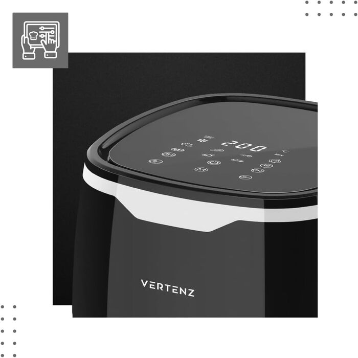 Аерофритюрниця VERTENZ Taste 50, 5 л, 1400 Вт, 8 програм, LED-екран, антипригарний кошик, без масла, чорна