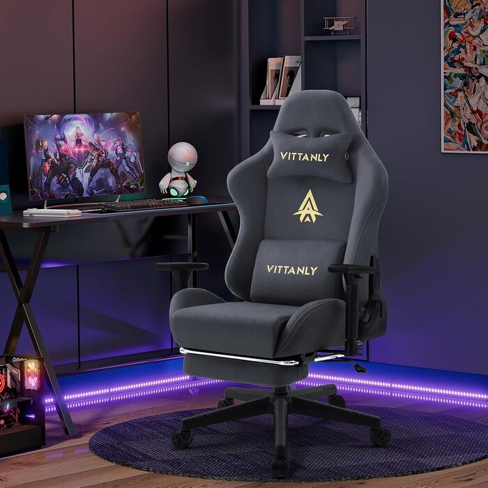 Ігровий крісло Vittanly з підніжкою, підголівником та поперековою підтримкою, сірий