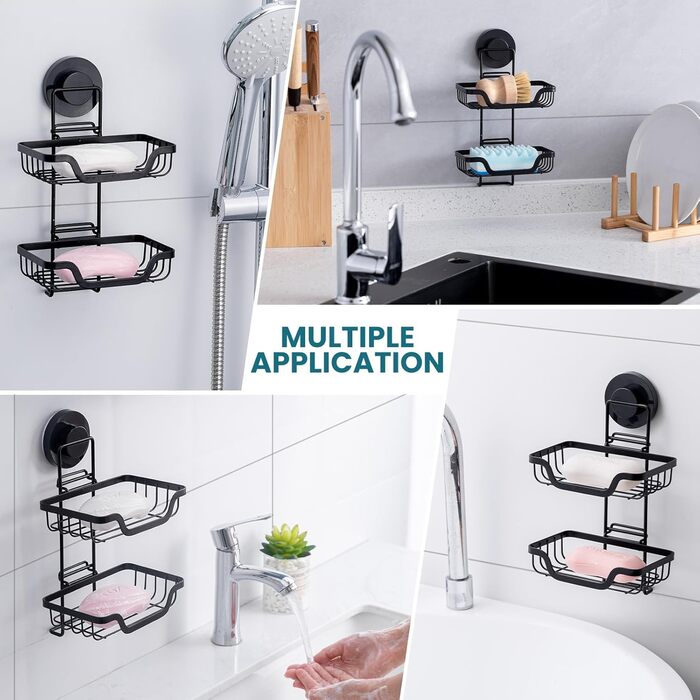 TAILI Shower Soap Dish with Drain and Hook, MAX Hold 5 KG, Stainless Steel Soap Dishes No Drilling Required, Bathroom Soap Holder Wall Mount, Double Soap Holder with Suction Cup, Sponge Holder, Black