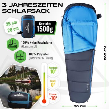 Сплячий мішок MOUNTREX® - компактний та ультралегкий (760г/1500г) - Outdoor (100GSM) / 3-4 сезони (300GSM) - Мумієподібний спальний мішок – кемпінг, подорожі, фестивалі – теплий та з'єднуваний (Темно-синій/Синій, 3 сезони - 1500г (RV Ліворуч))