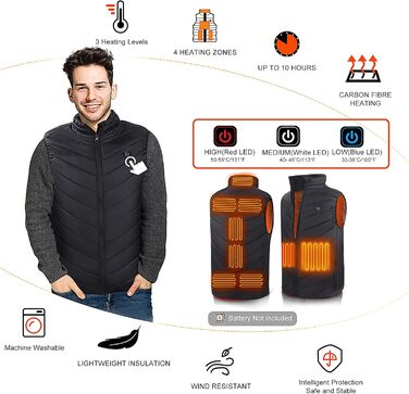 Обогрівальний жилет для чоловіків Monave: тепла куртка з 3 режимами для мотоцикла, кемпінгу, катання на лижах та повсякденного носіння. Чорний (Powerbank не входить до комплекту), XL