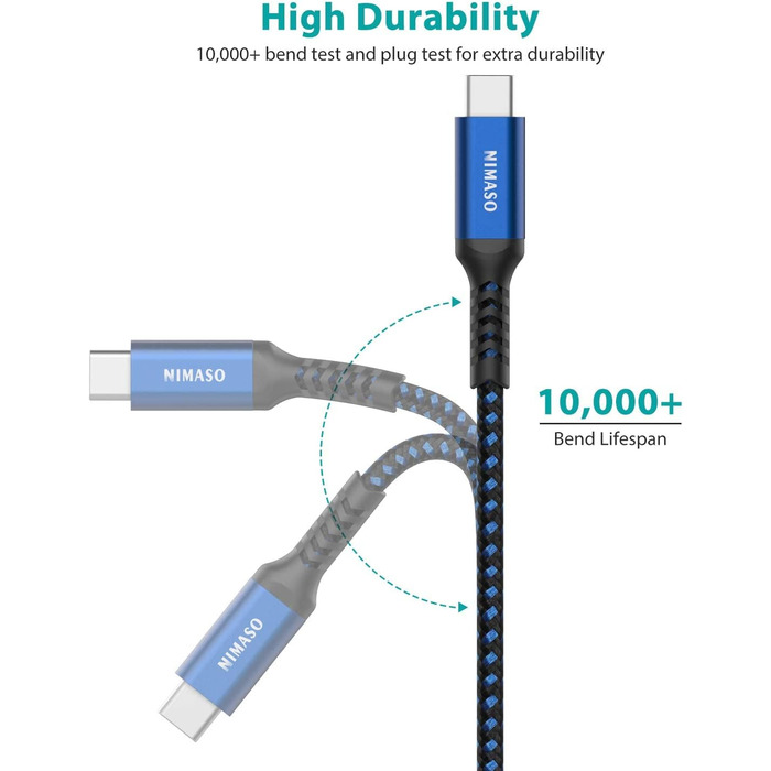 Кабель USB-C Nimaso [2 шт., 2м], 20V/3A/60W, для Samsung, Google Pixel, MacBook, iPad, iPhone, блакитний