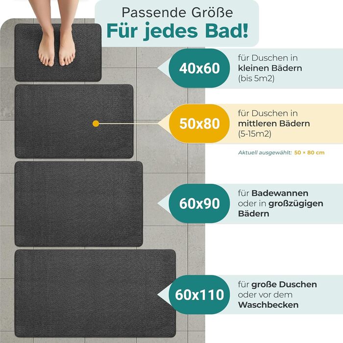 Гігієнічний килимок для ванної кімнати та душу, протиковзкий та вологопоглинаючий, що швидко сохне, 80x50 см, чорний