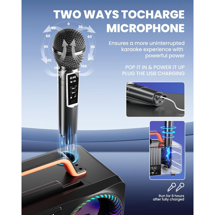 Караоке-машина для дорослих та дітей, портативна Bluetooth-система 80W – 2 бездротові мікрофони, регулювання ехо, USB/AUX-роз'єми, ідеальний подарунок для вечірок на природі