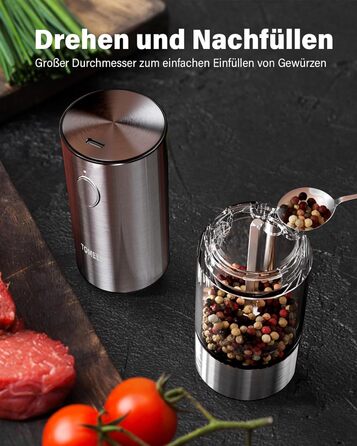 Електричні перечниці та солінки 2 в 1 з нержавіючої сталі, акумуляторні, з LED-підсвічуванням та регульованим керамічним жорном, з щіткою для чищення