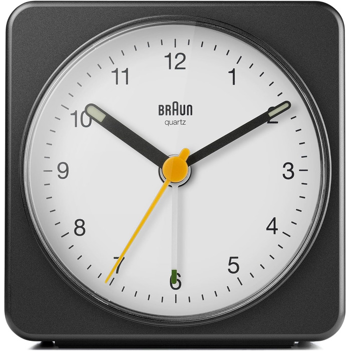 Braun Classic Analog Alarm Clock with Snooze Function and Light, Silent Quartz Movement, Crescendo Alarm, Black and White Model BC03BW.