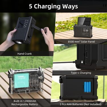 Радіоприймач Kurbelradio з DAB/DAB+/UKW, акумулятор 12000mAh, сонячна панель 8500mm², ручне радіо, Bluetooth 5.0, ліхтарик, ліхтар для читання, Outdoor, кемпінг, зелений (чорний)