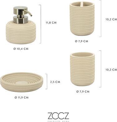 ZCCZ Bathroom Set – 4-Piece Organizer Set with Toothbrush Holder, Soap Dispenser, Cosmetic Bowl, and Cotton Swabs – Elegant Stone-Look Decor, for Modern Bathrooms (Beige 4pcs)