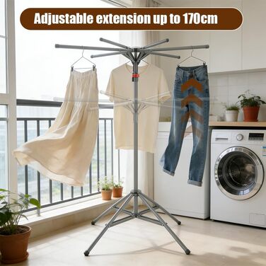Сушарка для білизни Standtrockner Hoch Klappbar - розкладний тримач для одягу з 6 крилами, регульована висота 120-170 см, з вуглецевої сталі, сірий