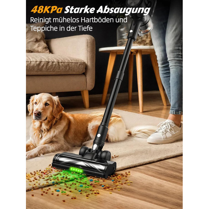 Бездротовий акумуляторний пилосос 48KPa/500W/55хв з LED-дисплеєм та станцією для зарядки, для прибирання шерсті тварин, килимів, твердих поверхонь та авто, чорний