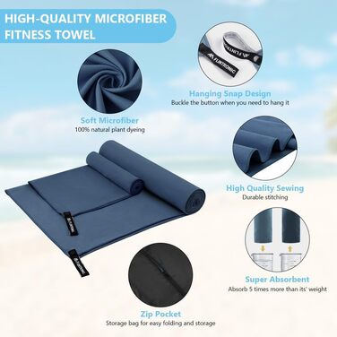 Рушник мікрофібра Flintronic, 200x100 см, великий для ванни, швидковисихаючий, спортивний, туристичний, пляжний, для тренажерного залу, сауни (Морська синя, 180x60 см + 80x40 см)
