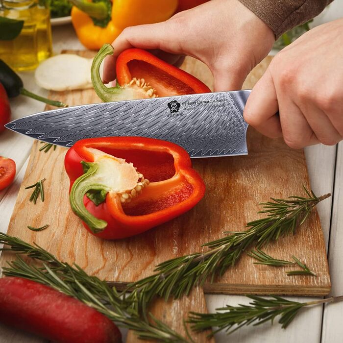 Японський ніж WILDMOK Santoku 20см з дамаської сталі, VG10, ручка з червоного армована синтетичний матеріал
