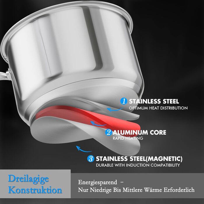 Набір каструль Induktion 12-частинний з нержавіючої сталі з тришасим дном, включає пароварку, 3 захисні диски для сковорідок та кухонне приладдя, безпечний у духовці до 250°C та придатний для миття в посудомийній машині, для всіх типів плит