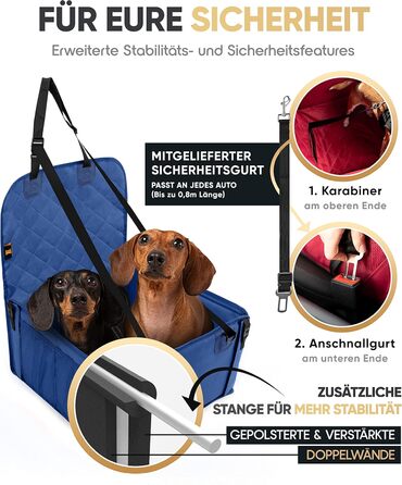Extra Stable Dog Car Seat - Reinforced Walls & 5 Straps - Waterproof Dog Car Seat for Rear & Front Seat (Standard Size) - Blue