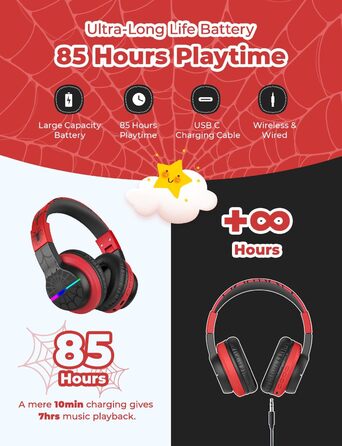 iClever Бездротові навушники для дітей з LED-підсвіткою, Over-Ear, Bluetooth 5.2, мікрофон, BTH12 (Чорний/Червоний)