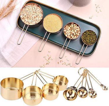 WAAZI 8-Piece Measuring Cup and Spoon Set, Stainless Steel Measuring Spoons with Buckle, Kitchen Baking Accessories for Milk-Tea Shops, Bars, Cafés, Kitchen Utensils (Color: Gold)
