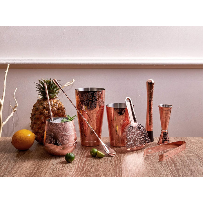 Sky Fish Cocktail Shaker Set, Etched Copper Cocktail Shaker Kit in Gift Box 7-Piece Set, Hand Wash, (Copper)