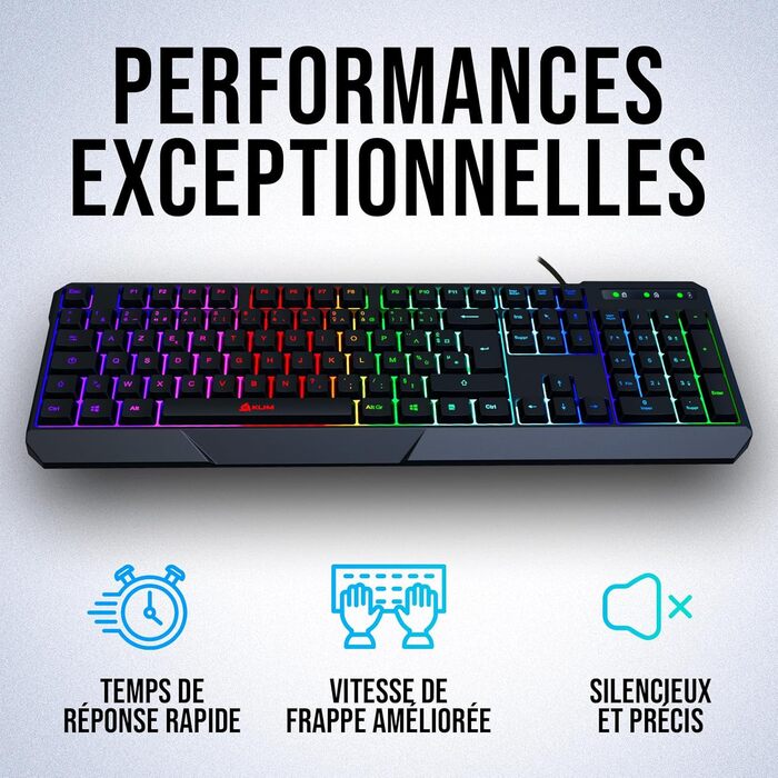 KLIM Chroma: Бездротова ігрова клавіатура AZERTY (USB) - Чорна, RGB, Водостійка, Ергономічна