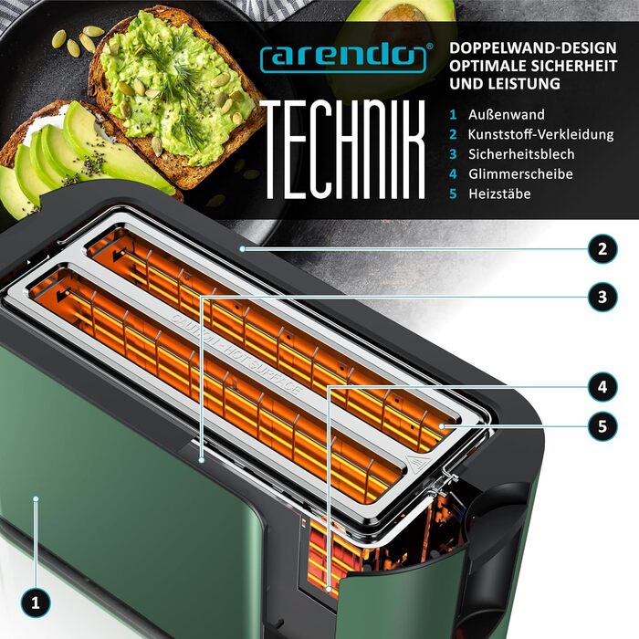Тостер Arendo з нержавіючої сталі, 4 слоти, сенсорний екран, подвійні стінки, 1500 Вт, підставка для булочок, 7 рівнів підсмажування, центрування хліба, таймер, пам'ять, індикатор E: Green