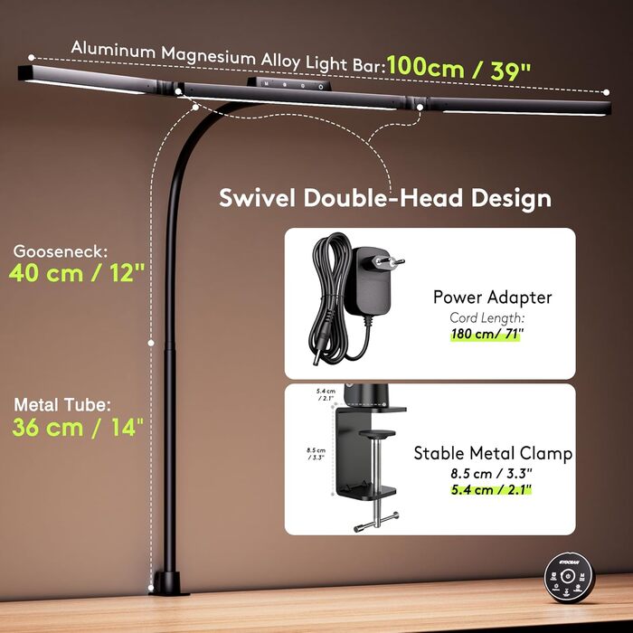 Настільна лампа для робочого столу з 3 джерелами світла, 24W, 100см, денне світло, з пультом дистанційного керування, регульована яскравість, лампа для монітора, модель «Лебідь», матовий чорний колір