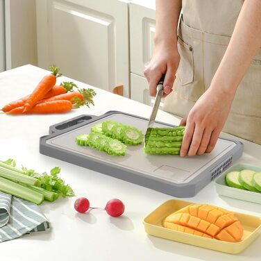 Ніжне нарізне дошка XIAPIA з нержавіючої сталі 304 та пластику з точилкою для ножів, 44x30x2,6 см, велика кухонна дошка з антибактеріальним покриттям, без BPA, з вбудованим ручкою та лінійкою, сіра