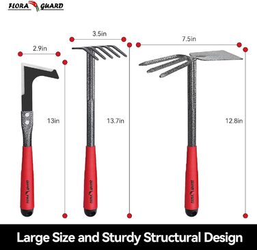 FLORA GUARD Garden Tools, 6-Piece Garden Tool Set Including Weeder, Garden Shovel, Hand Rake, Hand Hoe, Brush Rake, Cultivator, Garden Hand Tools with Heads Made of Carbon Steel