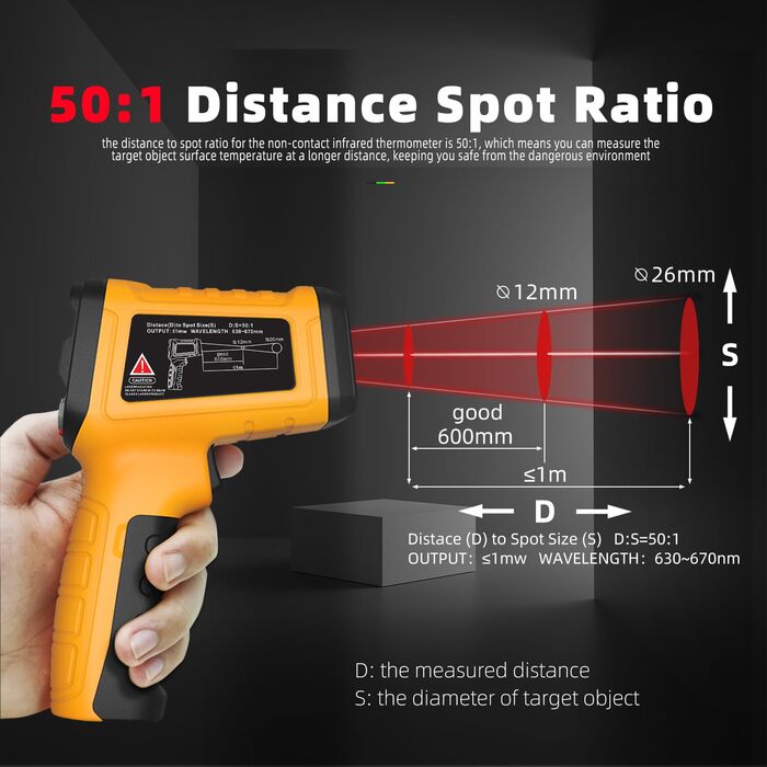 Безконтактний інфрачервоний термометр BSIDE H3 для вимірювання високих температур (-50°C ~ 1400°C) з LCD дисплеєм. Підходить для HVAC, печей, промисловості, металургії.