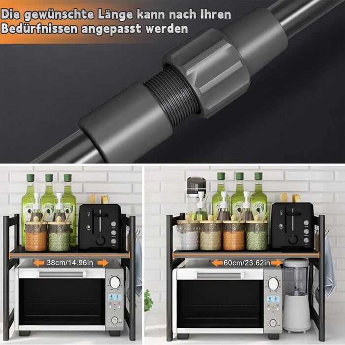 Розширювана полка для мікрохвильової печі, 2 яруси з 6 гачками, телескопічна полка для кухні 42-64 см, органайзер для спецій та кухонного приладдя (Чорний)