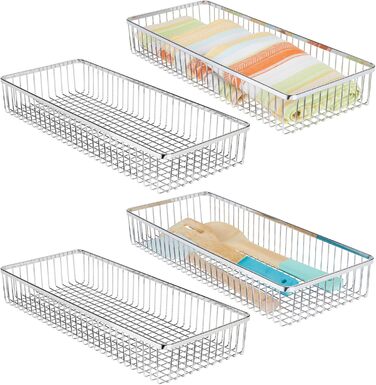 mDesign Universal Drawer Organizer - Metal Storage Baskets for Drawers Organize Kitchen Supplies and Utensils - Drawer Organizers for Kitchen and Household - 4-Piece Set - Silver