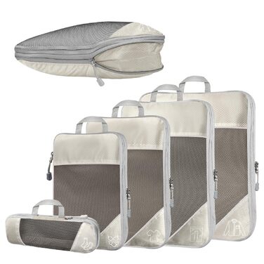 Набір органайзерів для валізи компресійних 5 шт. бежевого кольору для подорожей - Куби для пакування одягу, органайзер для рюкзака та валізи