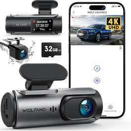 WOLFANG Dashcam Auto Передній та Задній 4K WiFi відеореєстратор з 32GB SD карткою, Ultra нічне бачення, 170° широкий кут огляду, WDR, 24 год. режим паркування, G-сенсор, циклічна запис