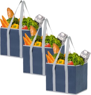 23.5 Liter Large Collapsible Shopping Bag, Folding Boxes with Reinforced Bottom, Reusable Shopping Bags, Holds Up To 15 kg Shopping Bag (3-Pack) (Dark Blue)
