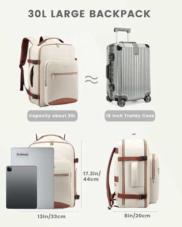 LOVEVOOK Рюкзак для ручної поклажі, 40L, для подорожей, ділових поїздок, валіза-рюкзак, водонепроникний, для ноутбука 17 дюймів, рюкзак для подорожей, кемпінгу, вихідних Beige+braun-30l