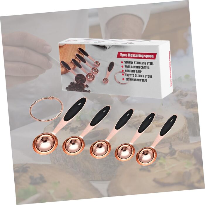 2-piece measuring spoons in rose gold measuring cup, kitchen baking utensils, stainless steel, stainless steel spoons, cocktail spoons, baking molds, stainless steel kitchen accessories, rose gold, stainless steel.