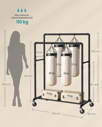 SONGMICS Clothes Rack, Clothes Rail, Coat Rack with 2 Clothes Rails and Shelf, Wheels, Load Capacity up to 110 kg, Industrial Design, for Bedroom, Dressing Room, white HSR060W01 (Black)