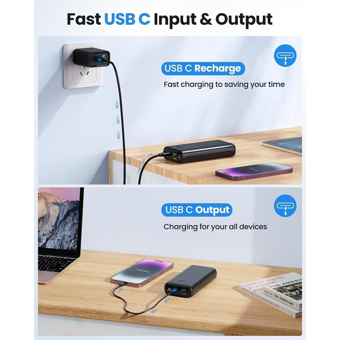 Power Bank JIGA 27000mAh 22.5W з PD 20W, USB-C, ліхтарик, чорний, сумісний з iPhone, Samsung, Huawei, iPad