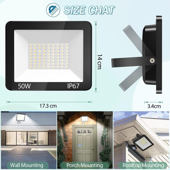 YIQIBRO LED Floodlights Outdoor, IP67 Waterproof Floodlight, 10000LM 6500K Cold White Super Bright LED Spotlight Outdoor Floodlight for Warehouse, Garden, Garage, Yard, Parking Lot (50W*2)