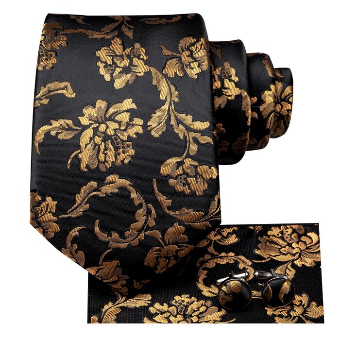 Чоловіча краватка Hi-Tie класична з краваткою, запонками та нагрудною хусткою (чорно-золота з квітковим малюнком)