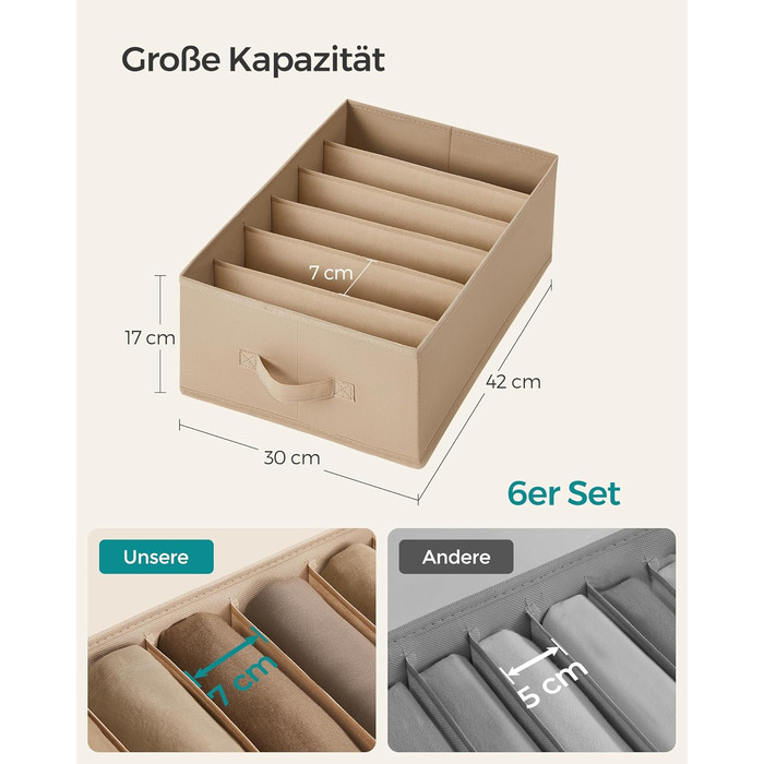 SONGMICS Closet Organizer 6-Piece Set, Storage Box with 6 Compartments, Drawer Organization System, Folding Storage Boxes, 42 x 30 x 17 cm, for Pants, Clothes, RUS009G03 (Sand Beige)