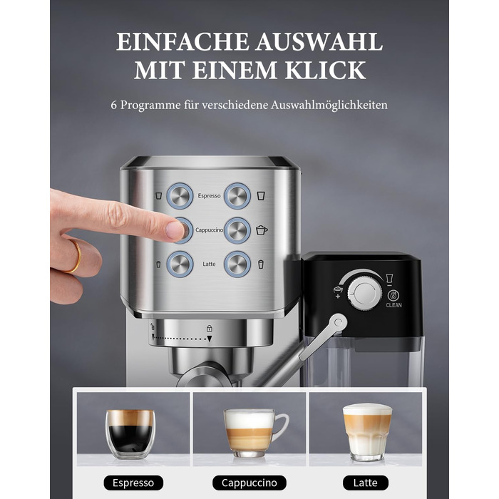 Професійна кавомашина SHARDOR для еспресо, капучино та лате макіато, 1350W, 20 Bar, нержавіюча сталь