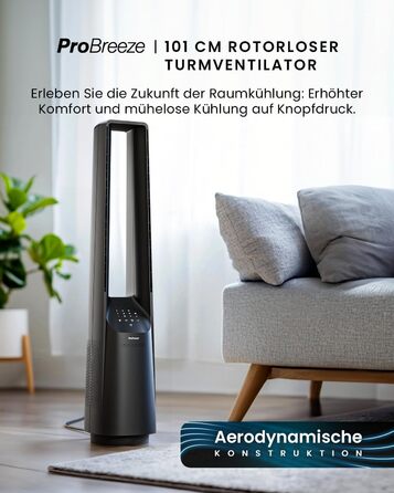 Вентилятор Pro Breeze 101 см з ротором, осцилюючий, з пультом, LED-дисплеєм, 6 швидкостей, тихий, 5 режимів, авто-обертання 60°, таймер 7 год, чорний