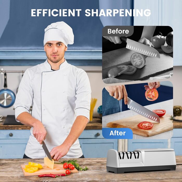 Електричний точило для ножів професійний 3-ступеневий з захистом від перегріву, тихий мотор, швидке заточування для кухонних ножів (срібний)