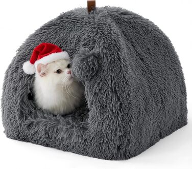 Ліжко для котів BEDSURE велике, 44x44x44 см. М'яке котяче будиночок з подушкою та іграшкою. Легко миється, сірий колір.