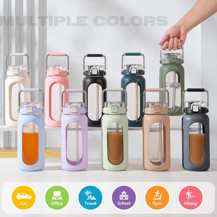 1900ml Glass Drinking Bottle with Straw and Stainless Steel Handle, Glass Water Bottle with Silicone Sleeve and Time Marker, Monitor Your Daily Water Intake 2 Liter, Light Green (Amber)