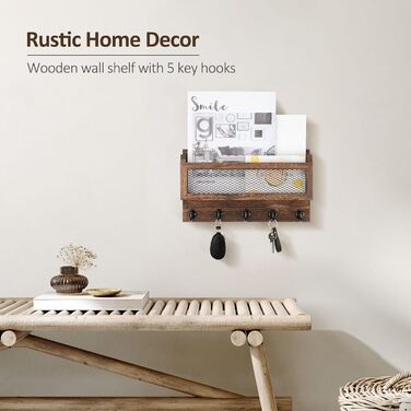 Держатель для ключей и корреспонденции Nekon на стену, 28 см, дерево, 5 крючков, полка для прихожей